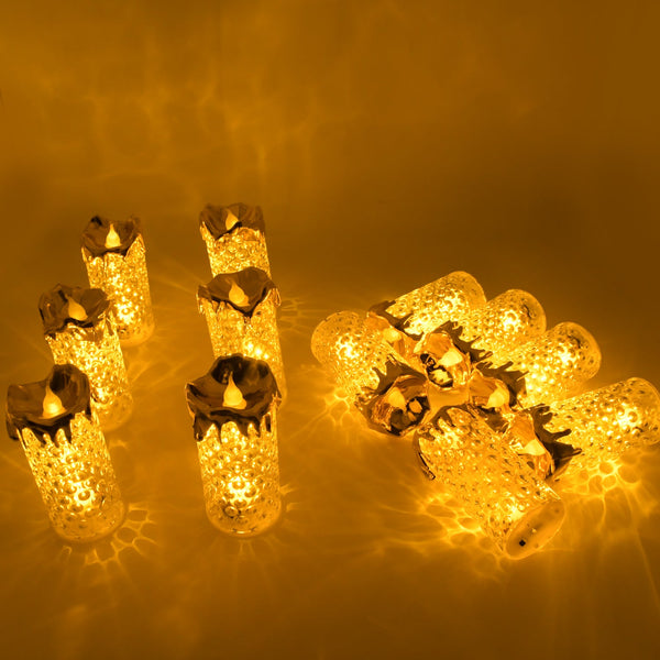 Close-up of gold LED flameless candles, perfect for festive decorations and Diwali celebrations.