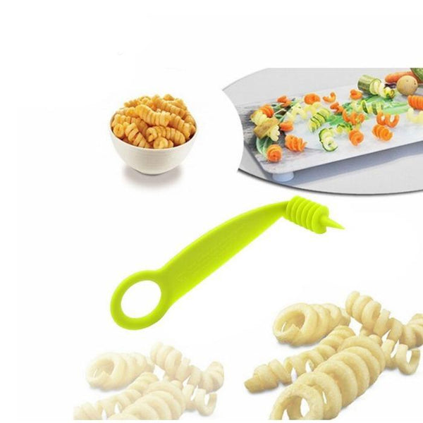 Plastic spiral vegetable cutter for creating decorative veggie spirals for salads and garnishes.