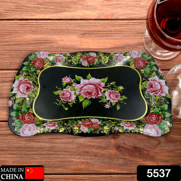 Stainless Steel Serving Tray With Flower Printed Rectangle Premium Dining Table Plate (18 x 8.5 Inch / 1 Pc)