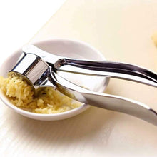 Stainless steel garlic press with easy-grip handles